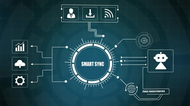 Smart sync technology data processing hub, cloud transfer and artificial intelligence network, digital futuristic system.