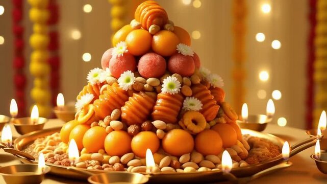 Govardhan Puja Annakut Offering: A Meticulously Arranged Mountain of Traditional Indian Sweets, Snacks, and Grains with Saffron Laddoos and Pistachios