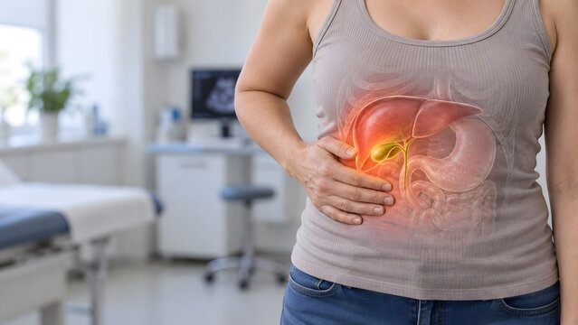 Transparent 3D anatomical overlay showing a woman touching her upper right abdomen, highlighting an inflamed glowing gallbladder affected by cholecystitis or gallstones.