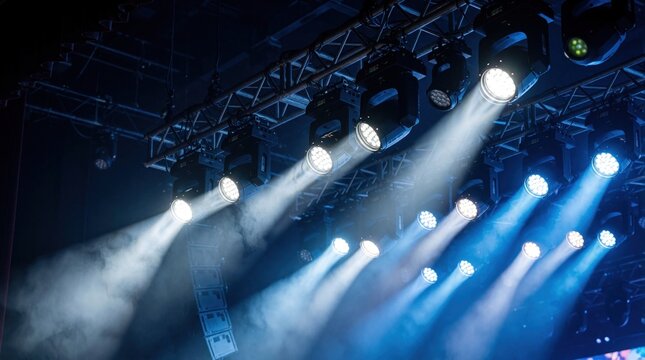 Stage lights shine beams through smoky air on metal truss structure above theater venue. Professional lighting equipment set up for concert performance, creating ambiance before show starts.