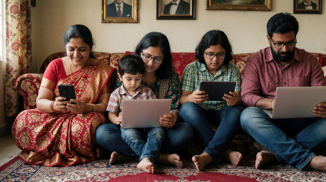 Indian family sits on sofa using digital tech at home. Mother uses smartphone father works on laptop. Teen girl holds tablet, young boy looks at computer. Group of people disconnected in living room