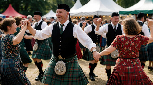 Happy man in traditional scottish kilt dances ceilidh at highland festival. Group of people join lively folk dance in outdoor field. Smiling men, women wear tartan outfits, celebrating scotland