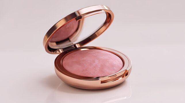 Cosmetic powder compact case opened on a clean surface displaying pink makeup powder and mirror.