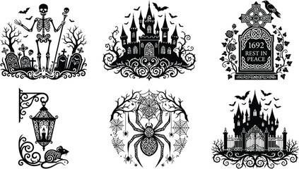Fototapeta premium Halloween, silhouette, vector, set, spooky, skeleton, haunted, castle, tombstone, graveyard, lantern, spider, web, bat, raven, gothic, icon, design, dark, black