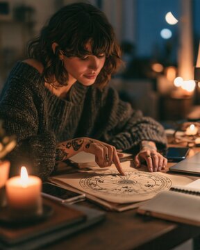 young woman sitting at a table in the evening studying a detailed circular astrological birth chart printed on paper