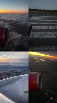 Split screen shows airplane window views across journey: takeoff runway, fluffy clouds, sunset glow, night city lights, and turquoise sea near landing.