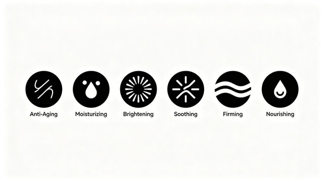 The simple icon of skin care efficacy represents anti-aging, brightening and nourishing skin care, which is applicable to overseas beauty advertising and e-commerce main map module.
