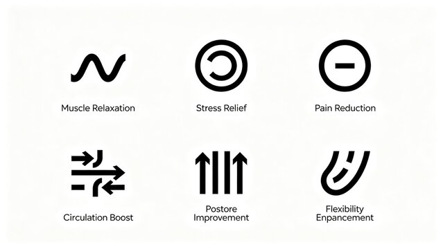 The minimalist body care icon group represents the concept of relaxing, promoting circulation, and soothing the body, suitable for massage machine details and health product promotion.
