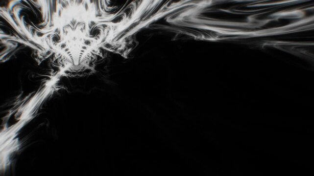 Monochrome white fractal smoke waves and ethereal fluid energy streams disperse outward from a bright focal point in a 3D animation