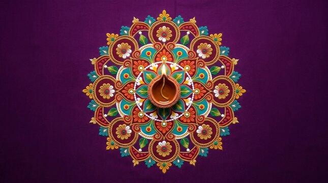 Rangoli mandala with lit diya on purple background wide margin