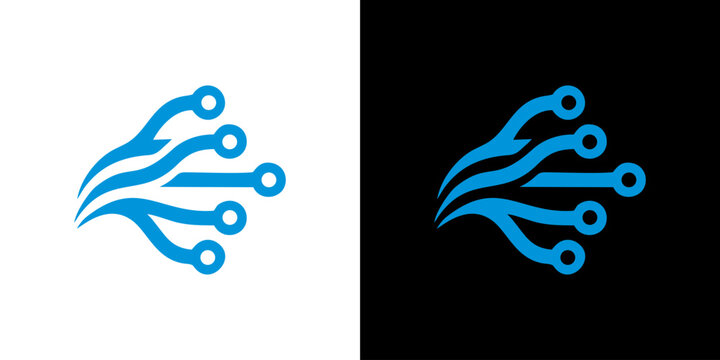 Blue tech wave circuit board logo design representing digital innovation, data networking, high speed connectivity and modern electronic system integration