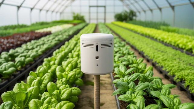 A photorealistic image of a sleek standard sensor device in a vibrant greenhouse with rows of green leafy plants
