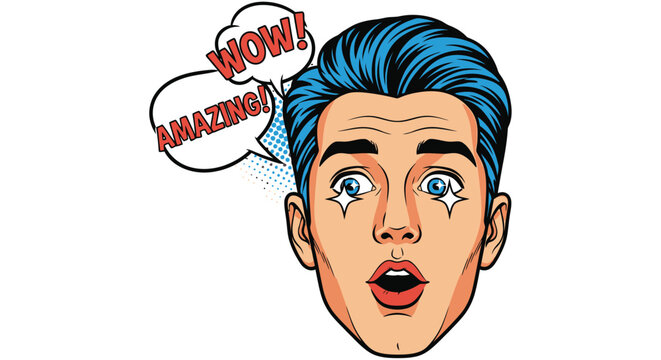 Surprised man s face with speech bubbles a pop art vector illustration