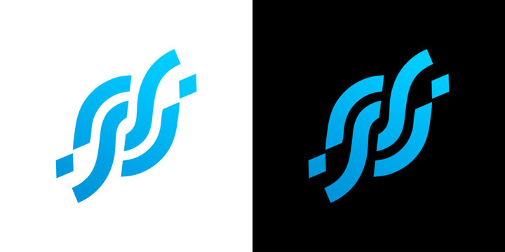 Modern abstract blue S letter logo design representing technology data flow and digital connectivity on white and black backgrounds