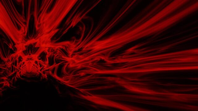 Intense crimson plasma tendrils and blazing red energy streams surge from an infinite vortex across a dark void in a 3D motion animation