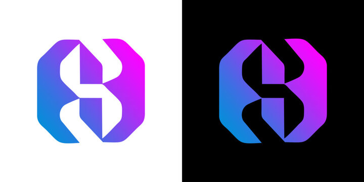 Modern geometric letter S logo design featuring a vibrant blue and purple gradient on both black and white backgrounds for corporate branding
