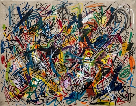 A vibrant abstract expressionist artwork featuring chaotic colorful lines, energetic brushstrokes, and bold geometric shapes intertwined on a textured canvas background in modern style.