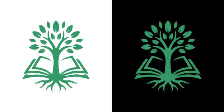Tree of knowledge growing from open book logo design for education, learning, and academic growth