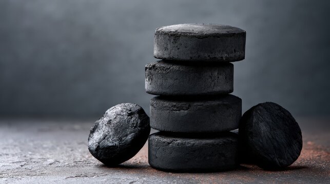 Stacked Black Charcoal Briquettes on Gray Gradient Detail