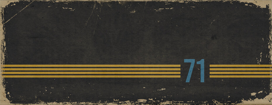 1970s sports banner with copyspace. Vintage colored stripes and the number 71 on grunge, bleached out paper texture with scratches and folds.