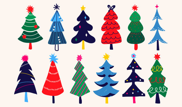 Christmas tree vector set with retro stylized pine and fir trees. Collection of vintage holiday design in vibrant colors and patterns isolated on white background for festive decoration