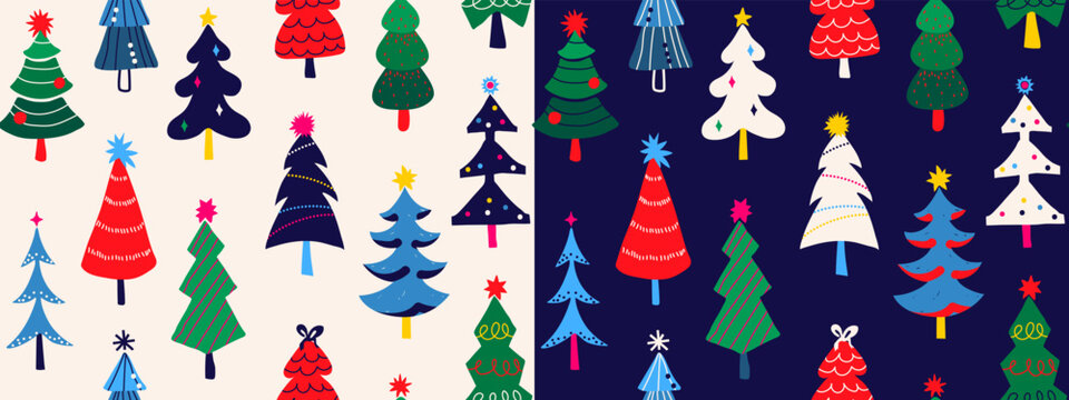 Christmas tree retro seamless pattern vector illustration. Vintage holiday repeat background with stylized pine trees in vibrant colors, for wrapping paper, winter designs. Dark and light backdrop