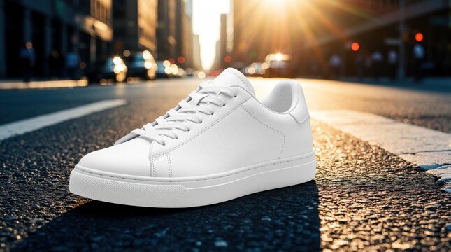 Clean white sneaker rests on asphalt road with sun glare. City street traffic blurred in background. Footwear is ready for customization or product shot.