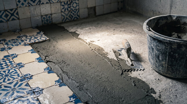 Ceramic Tile Installation on Floor with Mortar and Trowel