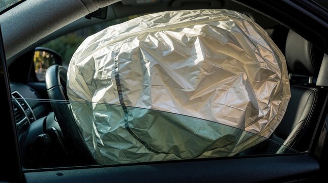 White car airbag inflates rapidly inside vehicle during road accident. Close up view through window shows safety cushion deployment for passenger protection. Automotive safety system works during