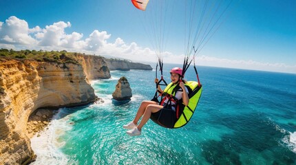 Obraz premium Happy young woman paragliding high above turquoise ocean, limestone cliffs. Extreme sport enthusiast flies with colorful wing over tropical coast. Thrilling aerial adventure experience with beautiful