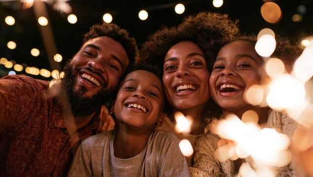 Smiling Family Enjoying Sparklers During Festive Night Celebration