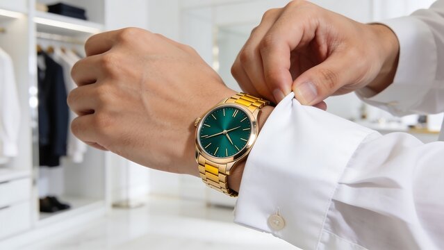 Man Adjusting White Shirt Cuff Wearing Gold Watch with Green Dial