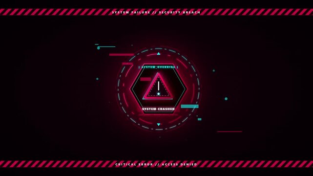 Cyber Security Data Breach and System Failure HUD Interface with Glitch Effect Warning of Critical Error Access Denied and System Crashed on Digital Screen in Neon Red and Cyan Colors