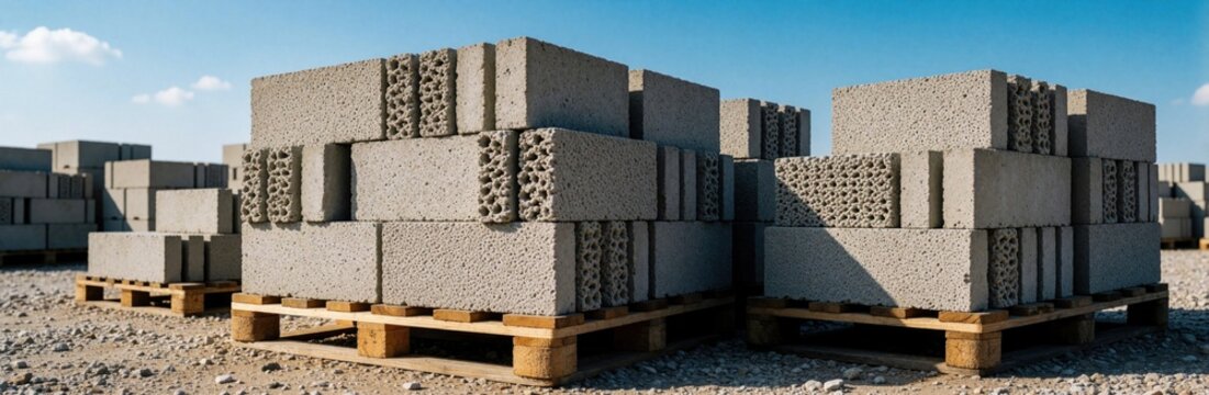 Stacks of aerated concrete blocks sit on wooden pallets at outdoor construction site. Grey lightweight building materials supply for masonry work under bright blue sky. Industrial blocks for house