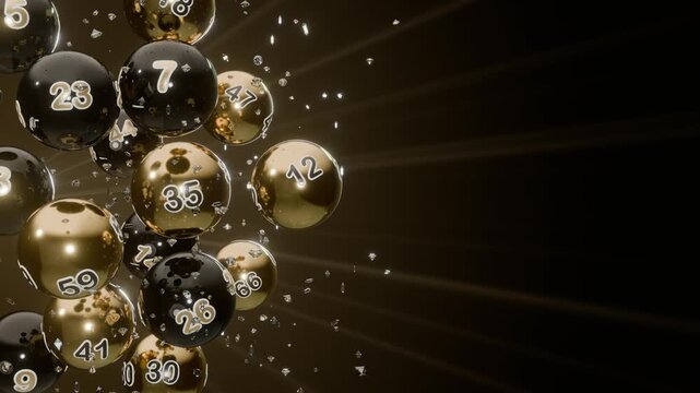 Seamless loop black gold lottery balls numbers light rays sparkles ideal for lottery advertising betting app promotions casino websites posters digital screens and jackpot draw announcements