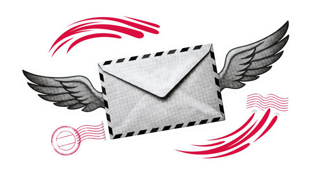 Flying mail envelope with wings on transparent background, postal letter with feathery wings and dynamic pink speed motion trails. Fast service delivers joyful message transportation background.