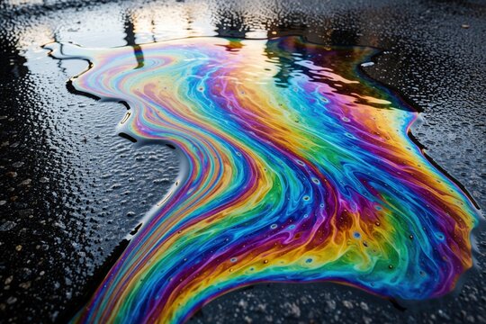 Oil slick creates vibrant rainbow colors on wet asphalt surface. Abstract patterns form on the ground after rain. Liquid spills with colorful swirls.