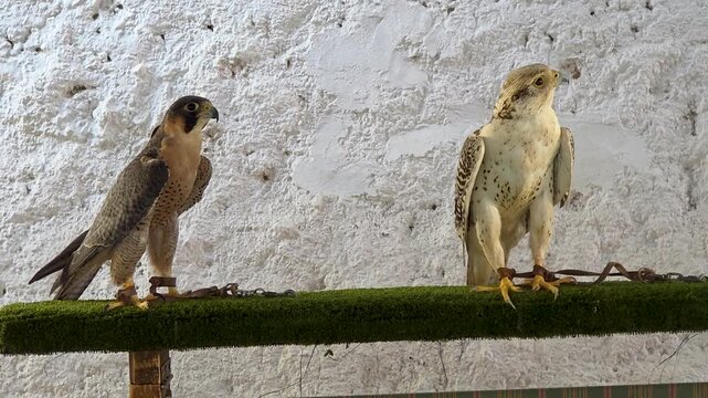 Peregrine falcon (Falco peregrinus) and saker falcon (Falco cherrug) perched side by side on a padded beam at a falconry display in Spain. Predatory birds in captivity.