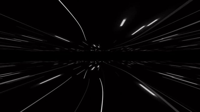 White Light Speed Streaks Flying Fast Through Black Background Tunnel