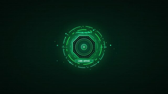 Glowing Green Futuristic HUD User Interface with Rotating Circular Elements and Octagonal Center Core Featuring Digital Text System Online and Link Active for Cybersecurity and Sci-Fi Tech Concepts