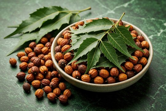 Fresh neem leaves, dried fruits in ceramic bowl. Organic Azadirachta Indica seeds on green marble background. Ayurvedic herbal medicine ingredients for natural wellness, skin care, eco pesticide.