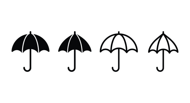 Four black umbrella silhouettes are displayed against a stark white background parasol rain protection shelter