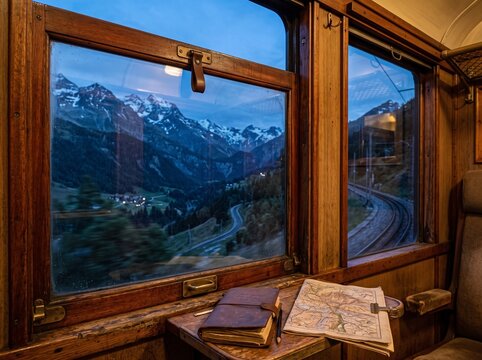  Vintage train carriage interior with snowy mountain view through window travel journal and map