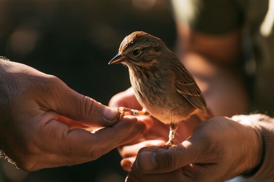Ornithologist's hands gently holding a wild sparrow for bird banding research