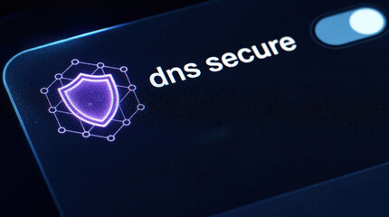 Fototapeta premium Digital interface shows DNS secure setting enabled with shield icon. Toggle switch activated on screen for network protection and safe browsing online. Cybersecurity concept.