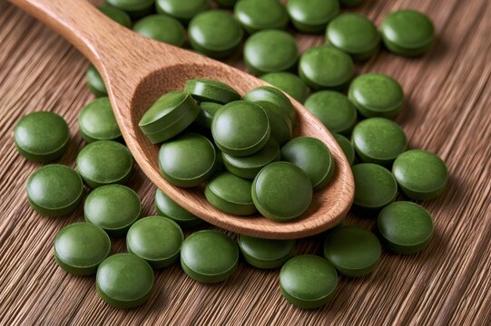 Spirulina chlorella green superfood tablets on wooden spoon