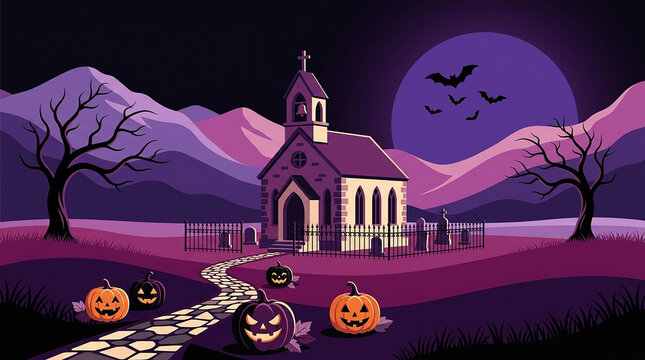 Haunted church on spooky halloween night with pumpkins and bats