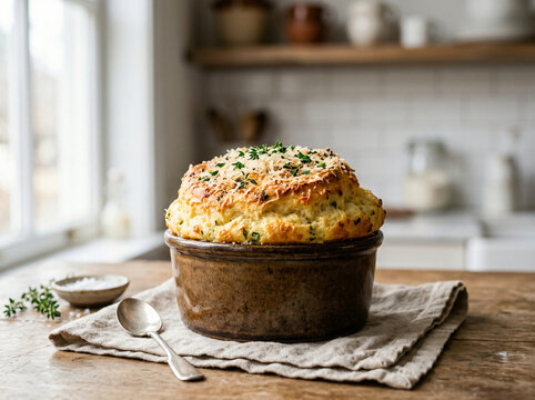 Freshly baked savory cheese souffle in a ceramic ramekin on a rustic wooden table.