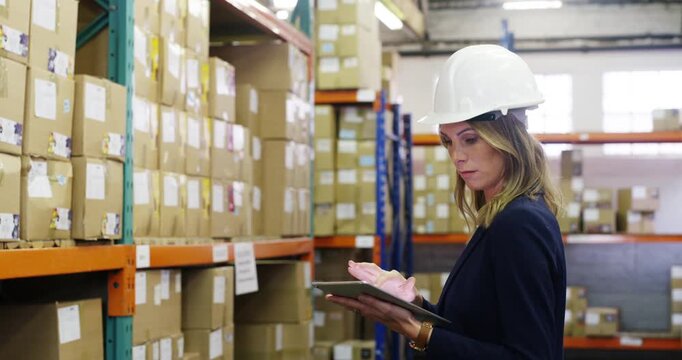 Woman logistics and tablet in warehouse with counting for stocktaking, boxes and inventory management.Typing, person and tech with digital checklist for quality assurance, shipping and stock check