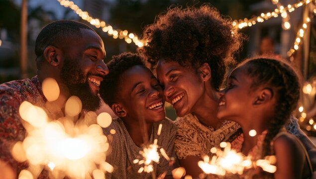 Joyful Family Smiling with Sparklers During Holiday Celebration